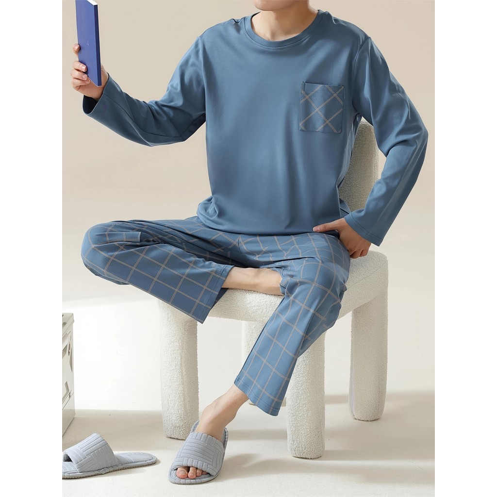 Pijamas masculinos outono inverno estilo calças de manga comprida Casual simples luxo Homewear terno em Oferta na Shopee