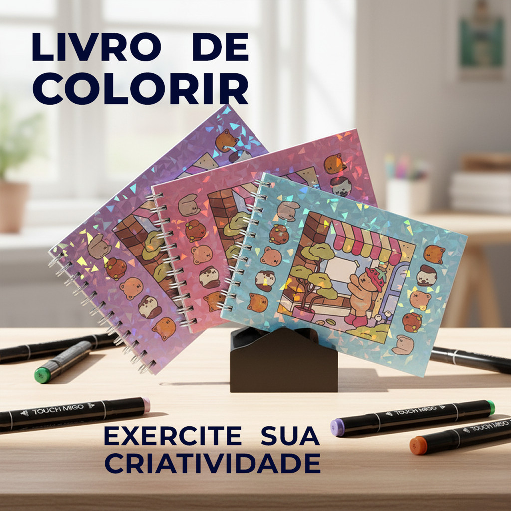 Livro de colorir Capa Dura e Holográfica 48 Desenhos com Folha de ...
