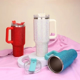 Copo Térmico Luxo 1200ml com Strass Brilhante, Tampa Vedada e Canudo de Aço Inoxidável em Oferta na Shopee