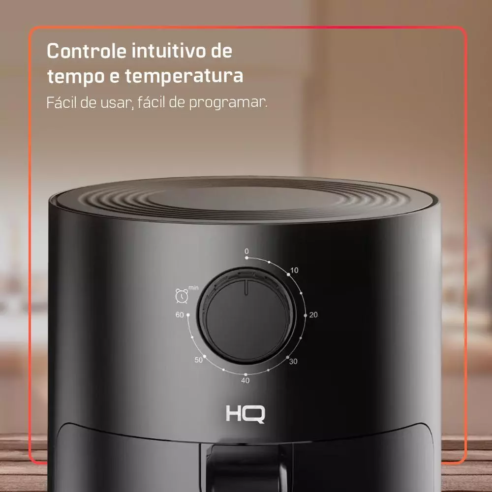 Close no painel de controle da AirFryer HQ com seletor de tempo e temperatura
