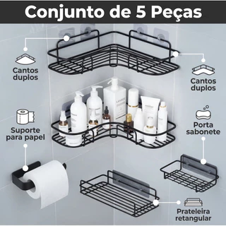 Kit 5 Suportes Porta Shampoo Organizador De Metal Para Banheiro Cozinha Rack Prateleira Com Adesivos