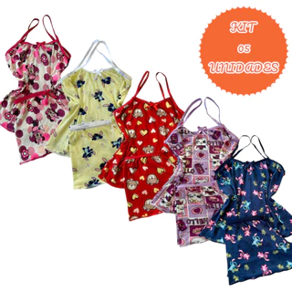 Kit 5 Pijamas Short Doll Infantil Menina Personagens Stitch Soft Poliéster em Oferta na Shopee