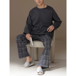 Conjunto de pijama Casual masculino, blusa preta de manga comprida com gola redonda, calça xadrez cinza, quatro estações em Oferta na Shopee