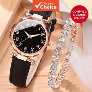 Relógio De Quartzo Feminino Elegante-Pulseira De Couro Com Marcações De Escala E Coração Cravejado De Diamantes em Oferta na Shopee