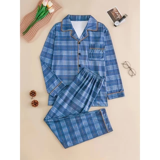 Conjunto de pijama masculino confortável - Top Casual de manga comprida com botões e calças xadrez em Oferta na Shopee