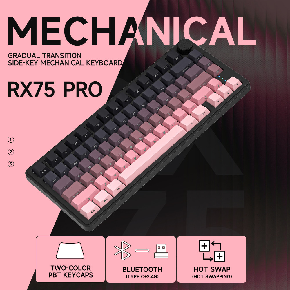 RX75PRO Teclado Mecânico 75% Blackberry Pink Gasket 5 Camadas Flow Blue Switch RGB 3 Modo Bateria 4000mAh