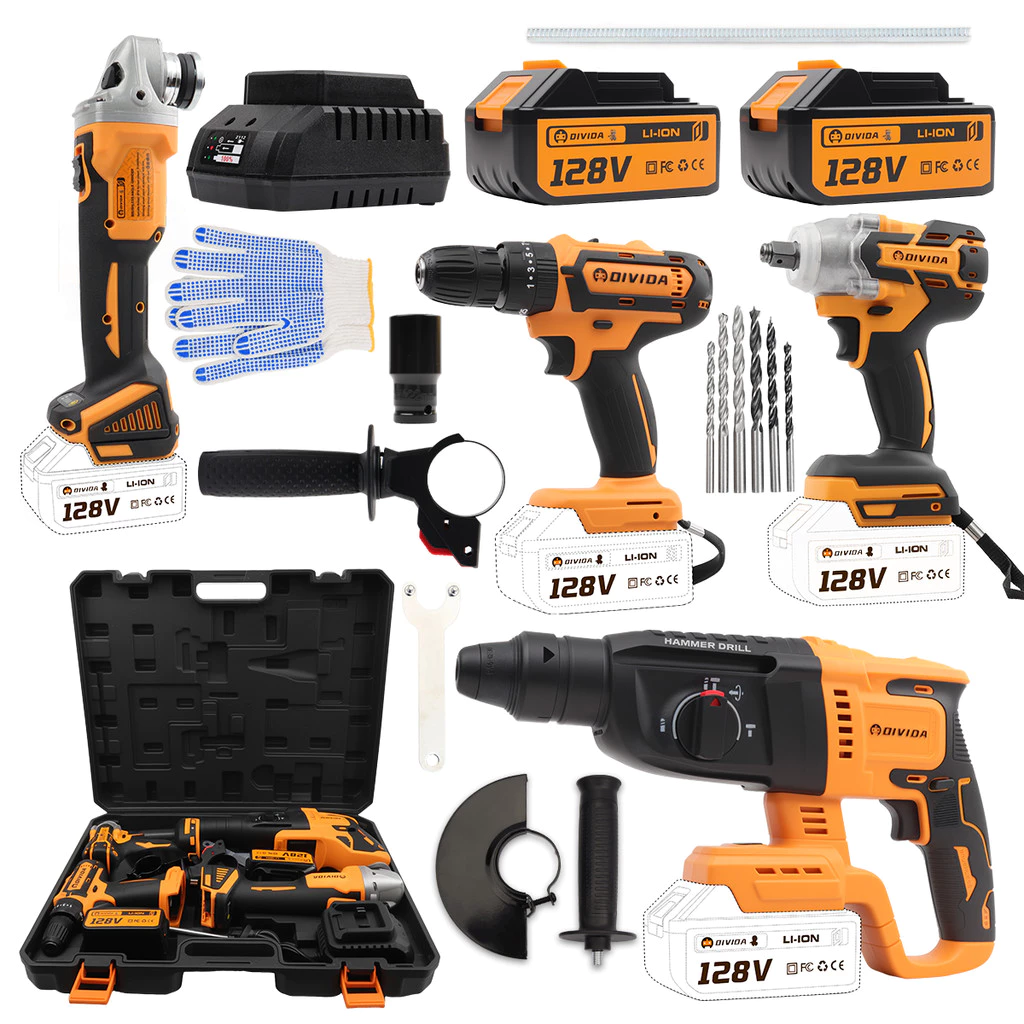 Kit 4 em 1 Ferramentas 128V – Furadeira Parafusadeira de Impacto Martelete e Esmerilhadeira com 2 Baterias e Maleta