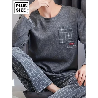 Conjunto de pijamas masculinos Plus Size, calças, pijamas, Design de gola redonda, fibra de poliéster misturada com elas em Oferta na Shopee