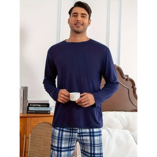 Conjunto de pijama masculino azul marinho de manga comprida e calça xadrez em Oferta na Shopee