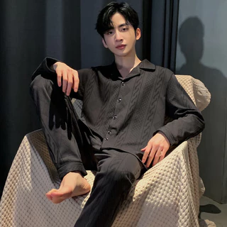 Pijamas de algodão puro masculino primavera outono estilo outono manga comprida Casual solto Homewear masculino outono i em Oferta na Shopee