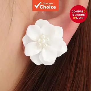 Brincos De Camélia Minimalistas Coreanos Chiques Frescos 3D Flor Branca Pérola em Oferta na Shopee