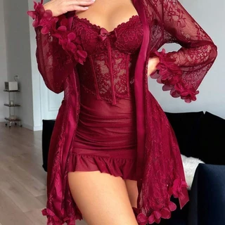 Camisola e Robe Feminino Cetim Elegante Sexy Renda Gaze Conjunto de 2 Peças em Oferta na Shopee