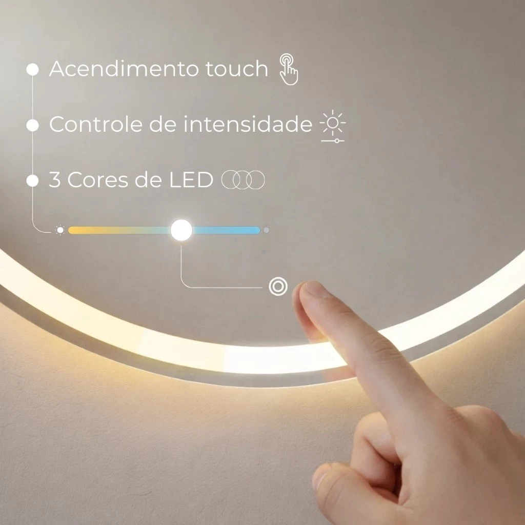 Espelho Redondo com Botão Touch 40x40cm Jateado com Led 3 Cores Lapidado Moderna Quarto Banheiro - Imagem 2