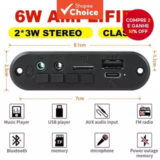[Shopee Choice] Amplificador 2 * 3W 6W 5V Placa MP3 Bluetooth 5.0 Áudio Estéreo DIY Car MP3 Player Rádio FM TF USB 3.5 M em Oferta na Shopee