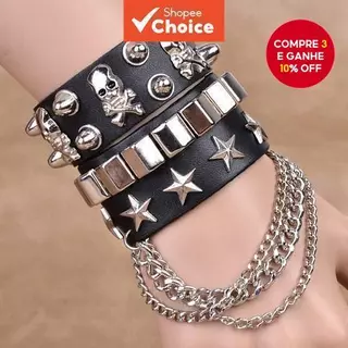 Pulseira Punk Com Punho De Couro Para Mulheres E Homens , Hip Hop , Multicamadas , Larga , Estilo Rua em Oferta na Shopee