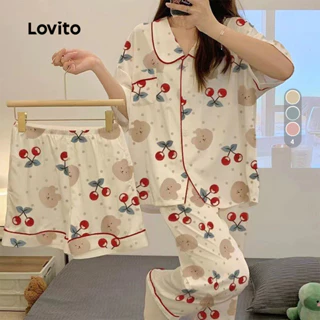 Lovito Conjunto de Pijama 3 em 1 3 Peças Camiseta + Calça + Shorts Algodão Nuvem Estampa Cereja para Mulheres LNE126191 em Oferta na Shopee