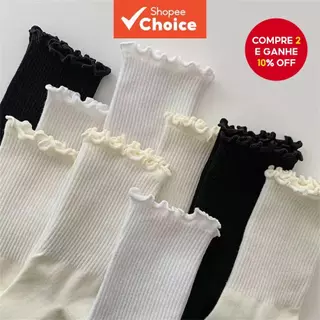 3 Pares De Meias Femininas De Cano Médio Com Acabamento Branco – De Renda Doce Em Formato De Coração E Algodão Babados P em Oferta na Shopee