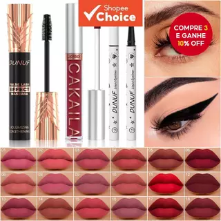 Conjunto de maquiagem, 1 batom fosco, 1 gloss labial, 1 máscara preta, 1 delineador fácil de colorir. em Oferta na Shopee