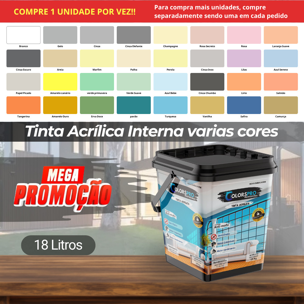Tinta acrílica interna 18 litros ColorsPro, Sem cheiro e com Antimofo ...