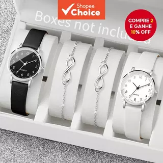 Conjunto De Relógios Femininos Elegantes De 4 Peças – De Pulso E Pulseiras Com Pulseira De Couro Mostrador Pequeno Para em Oferta na Shopee