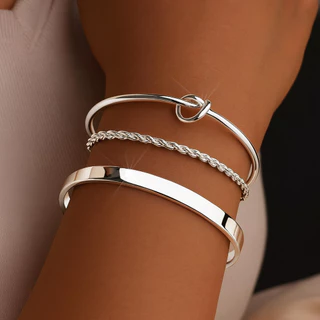Kit 3 pulseiras femininas em prata 925: pulseira com nó de coração + pulseira brilhante + pulseira de corda torcida