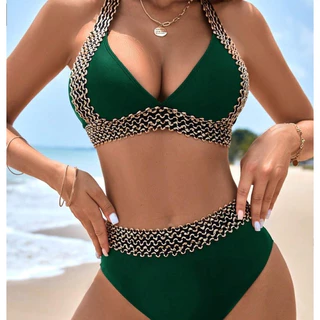 2025 Biquíni Europeu Americano Elástico com Costura Suave de Cintura Alta, Biquíni Feminino de Duas Peças com Fita 5ATN em Oferta na Shopee