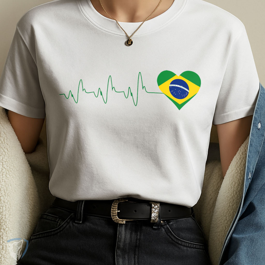 Camiseta Brasil | Estampa Coração com Bandeira e Batimentos Cardíacos em Oferta na Shopee