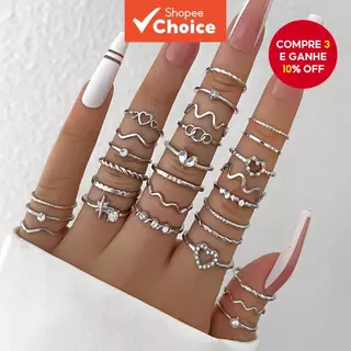 Conjunto De Anéis De Junta Geométrica , 28 Peças , Para Mulheres , Cristal , Coração , Ouro , Prata , Acessórios De Joia