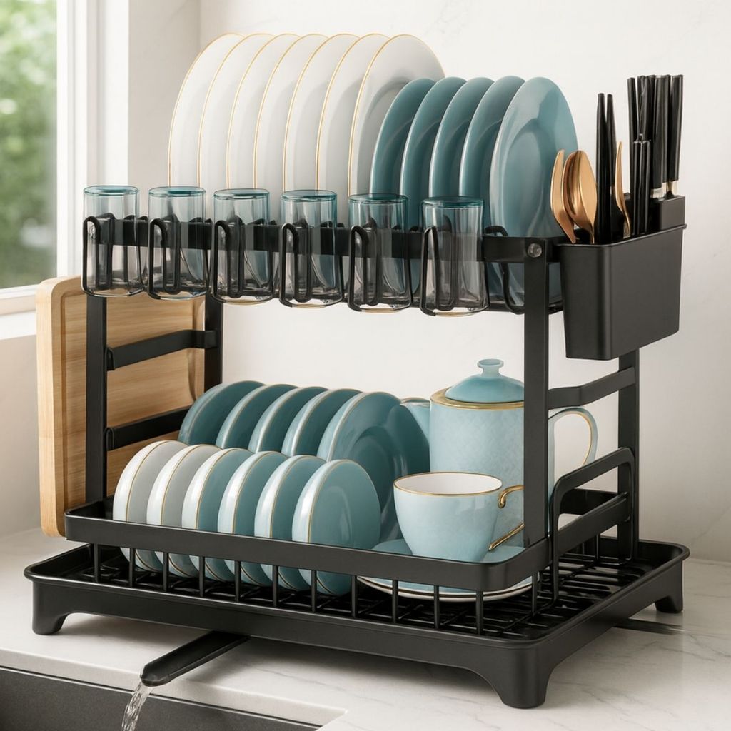 Escorredor de Louça 2 Andares em Aço organizador de Pia para Pratos e Talheres | Shopee Brasil