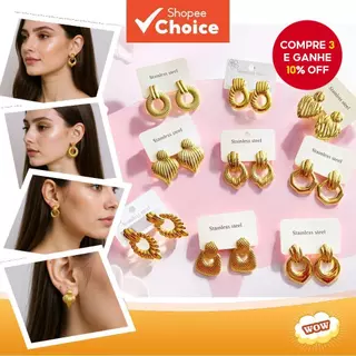 Brincos de Aço Inoxidável Banhados a Ouro 18K em Formato Geométrico Irregular e Coração, Extravagantes e Perfeitos para em Oferta na Shopee