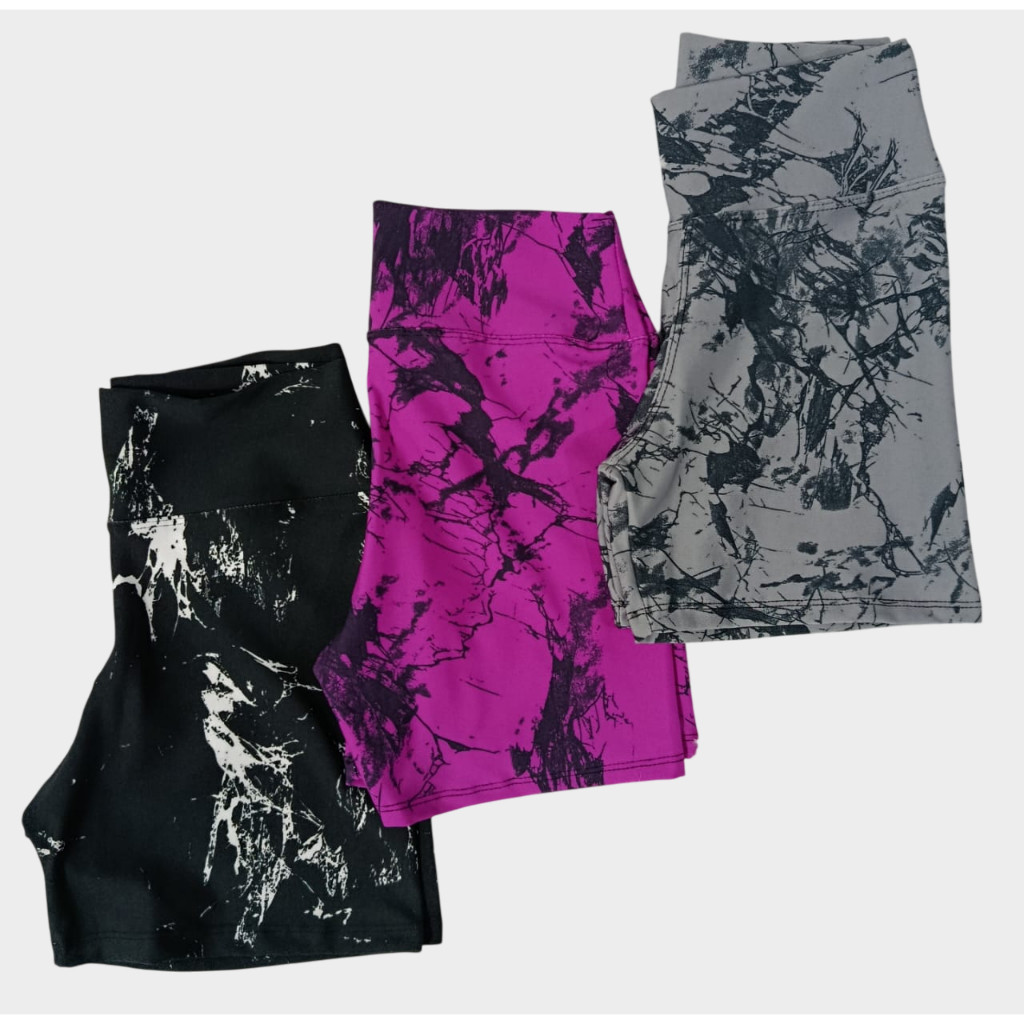 Kit 3 Shorts Meia Coxa Curto Roupa Fitness Feminino Academia Marmorizado Tie Dye Corrida Estampado