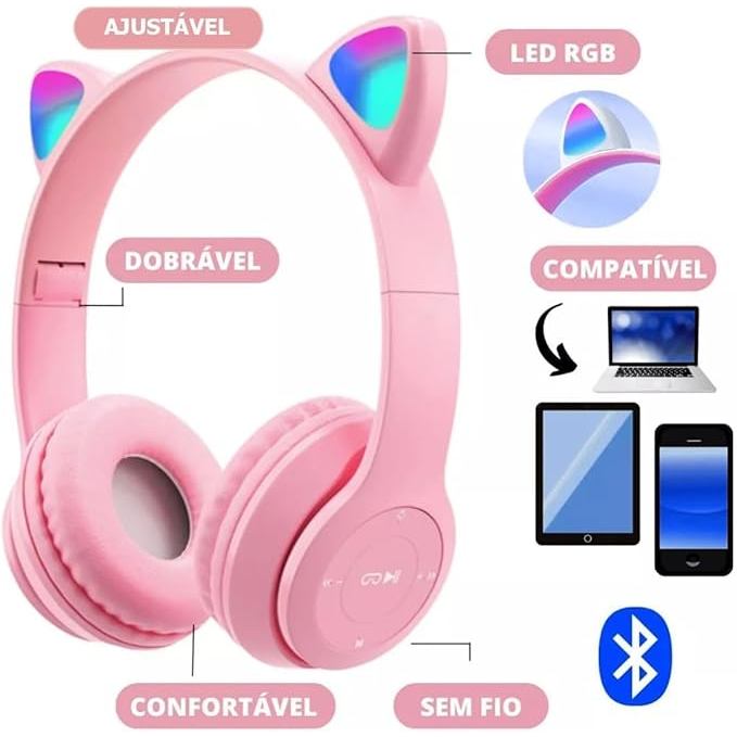 Fone De Ouvido Bluetooth Sem Fio Orelha De Gato LED Gamer Dobrável Som HD Microfone PC — imagem 4