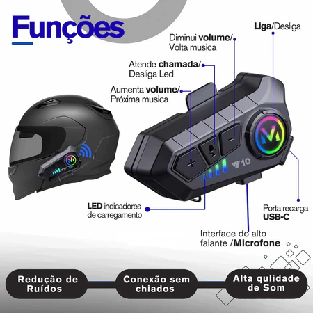 Intercomunicador Para Capacete Bluetooth 5.3 Fone De Moto Comunicador Ouvido À Prova D'Água