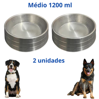 Kit 2 Comedouro Cachorro Médio Alumínio Pesado Polido 1200 ml