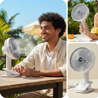 Ventilador de Mesa Portátil Multifunção USB Recarregável Silencioso com Clipe 3 Pás 3 Potências e 4 Modos