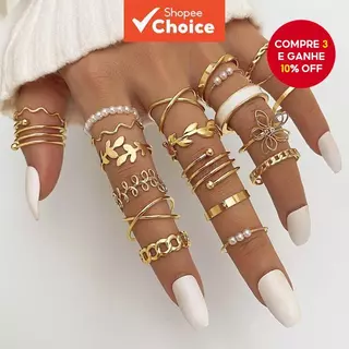 Conjunto de 22 peças elegante imitação de pérola flor folha Design geométrico conjunto de anéis femininos