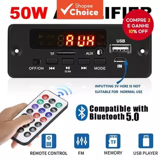 Amplificador DC 12V 50W Bluetooth 5.0 MP3 Player Rádio FM TF USB 3.5mm Módulo AUX Receptor em Oferta na Shopee