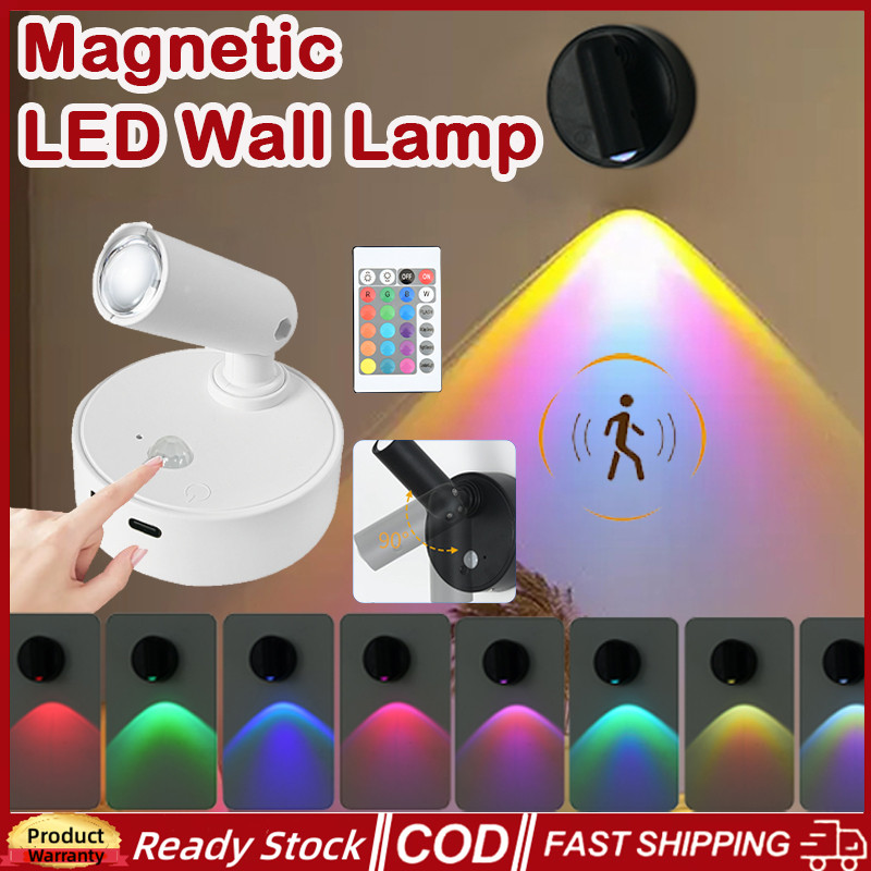 RGB USB Recarregável Sem Fio LED Luz De Parede Lâmpada Toque Regulável Holofote Magnético Para Quarto Leitura Cabeceira 
