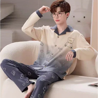 Pijamas masculinos outono manga comprida algodão puro adolescentes estudantes do ensino médio Cardigan serviço doméstico em Oferta na Shopee