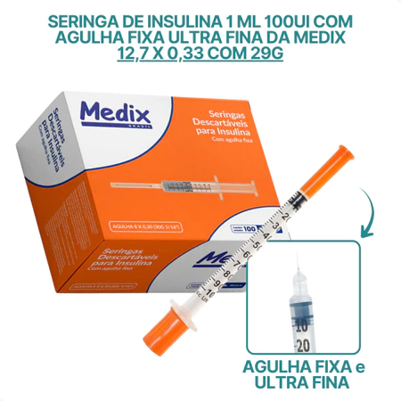Seringa 1mL 12,7 X 0,33mm com Agulha Fixa Fina Insulina Botox - 100 Unidades - Envio Imediato