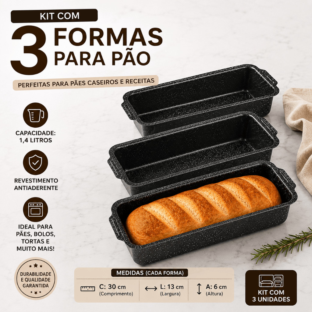 Jogo C/3 Formas Assadeira Retangular Antiaderente Teflon Pão