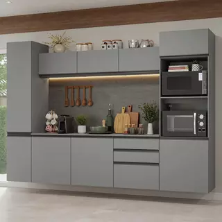 Armário de Cozinha Completa 280cm Suspensa Cinza Nice Madesa 06 em Oferta na Shopee