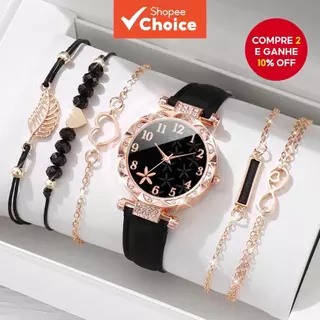 Conjunto De Relógio Com Pulseira De Couro De Quartzo Estilo Coreano , 6 Peças , Combinação De Joias Para Mulheres , Uso em Oferta na Shopee
