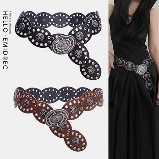 Cinto feminino com emenda de disco estilo jeans, cinto estilo étnico boêmio desgaste rebites