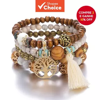 Pulseiras De Contas De Madeira Da Moda 4 Peças Estilo Boêmio Árvore Sorte Pingente De Borla Multicamadas em Oferta na Shopee
