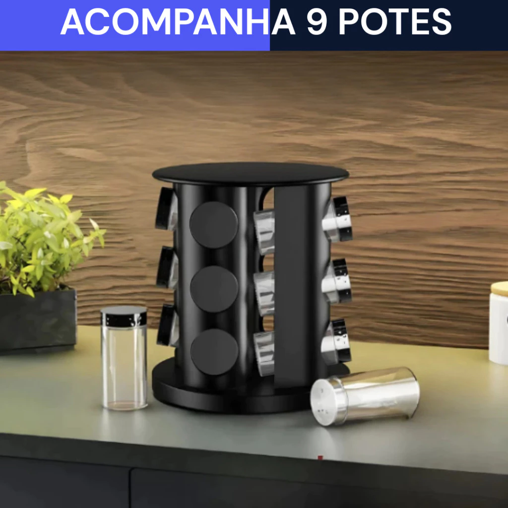 Porta Temperos Profissional Giratório 9 Potes Vidro Tampa Dosadora Condimentos PROMOÇÃO LIMITADA
