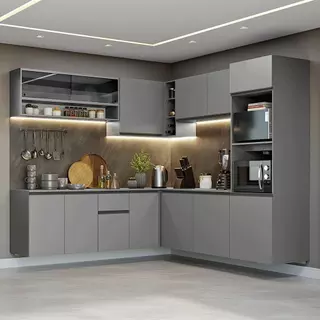 Armário de Cozinha Completa de Canto 445cm Suspensa Cinza Nice Madesa 04 em Oferta na Shopee
