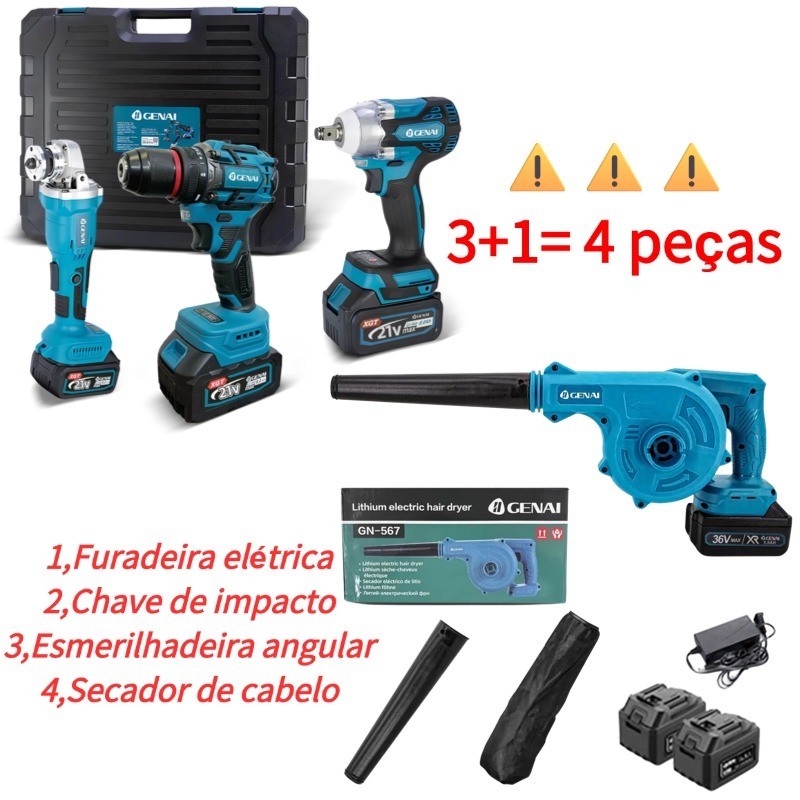Genai】21V 4 em 1 Kit Multifuncional+4 baterias Chave de impacto