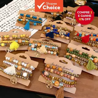 4 Peças Pulseiras Boêmias Com Contas De Sândalo Multicamadas Retrô Étnicas Joias De Mão De Luxo Para Mulheres em Oferta na Shopee