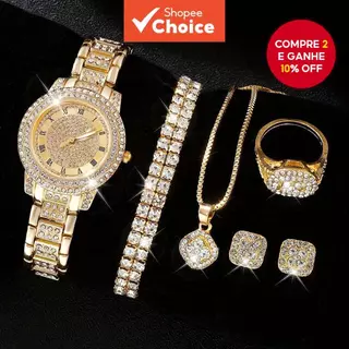 Conjunto De Relógios Femininos Luxuosos Com Diamantes Completos De 6 Peças – Joias De Quartzo Mostrador Roma (Sem Caixa) em Oferta na Shopee